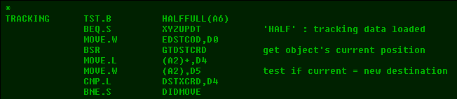 Motorola 68020 space ship assembler code scrolling on VT220
